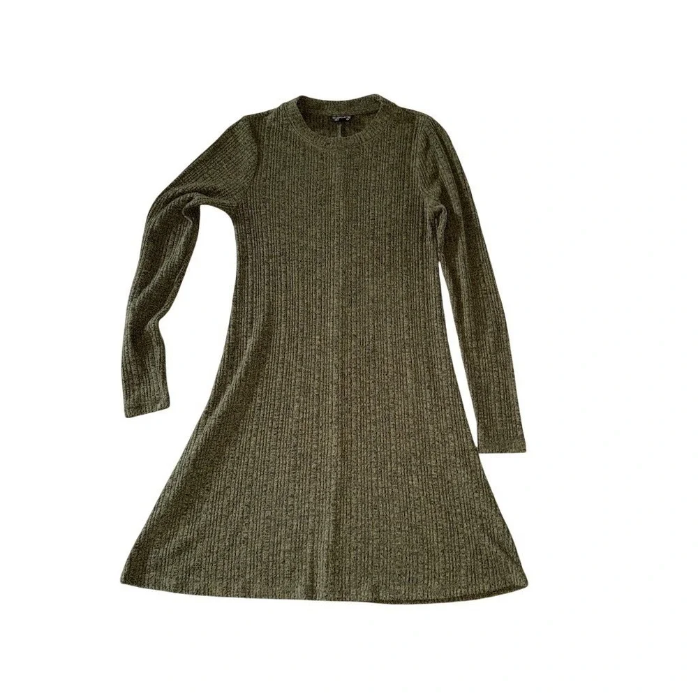 Topshop‎ Sweater Dress Womens Size 4 Olive Green Ribbed Knit Long Sleeve A line
